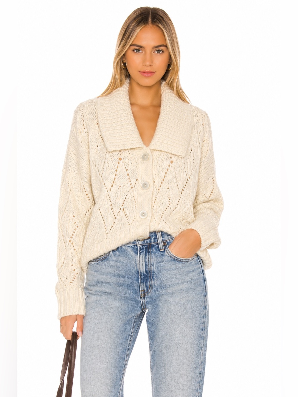 Sincerely Jules Ivory Open-Knit Shawl-Collar Button Cardigan